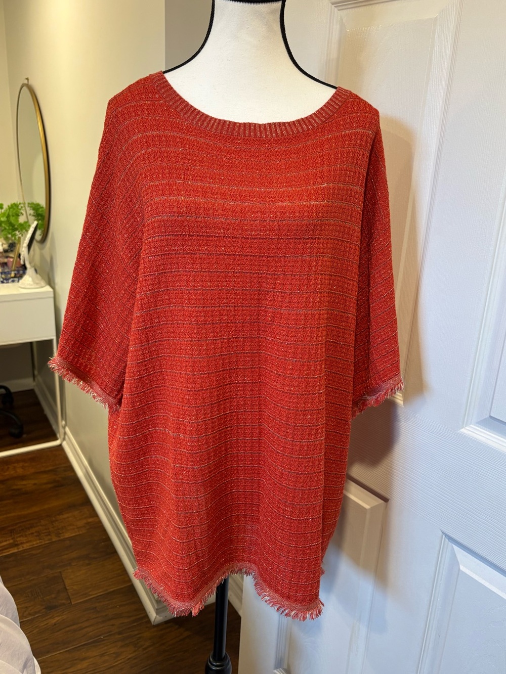 Zara Orange Metallic Tweed Oversized Fringe Top Size S Boho Statement